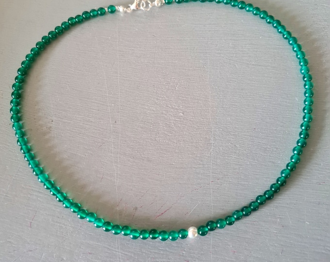 GREEN ONYX beaded necklace choker Sterling Silver or Gold Fill - Heart Chakra jewellery - Balance jewelry gift