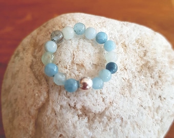 AQUAMARINE stretch ring with Sterling Silver, Gold Fill or No metal bead ring - March Birthstone jewellery gift mum 19th anniversary gift
