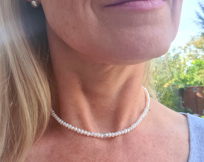 Tiny Freshwater Pearl necklace choker Sterling Silver or Gold Fill small 4mm white real seed pearl necklace June Birthstone jewellery gift