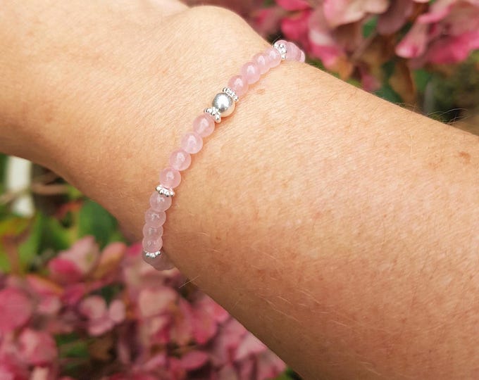Tiny ROSE QUARTZ gemstone bead stretch Bracelet with Sterling Silver or 14K Gold Fill bead - January Birthstone jewellery gift