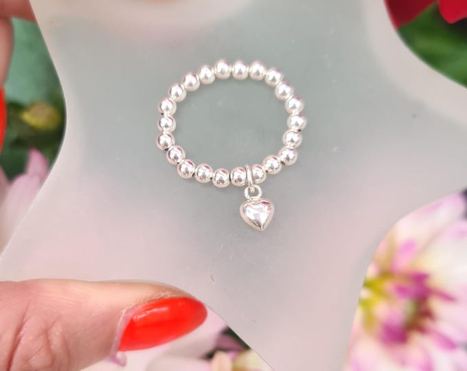 STERLING SILVER STRETCH heart ring - Sterling Silver beaded ring - Arthritis friendly ring -  Sterling Silver jewellery gift for her mum nan