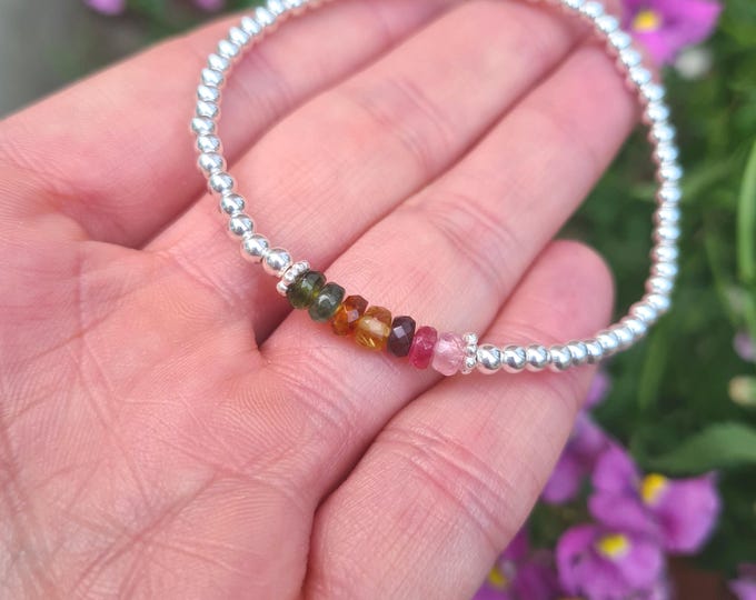 Watermelon Tourmaline stretch Bracelet in Sterling Silver or 14K Gold Fill - OCTOBER Birthstone jewellery gift  8th Anniversary gift for her