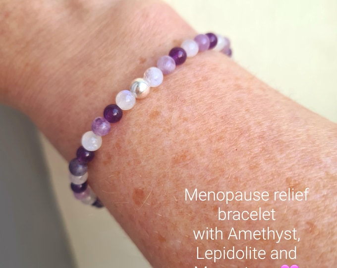 Menopause bracelet Moonstone Lepidolite & AMETHYST stretch Bracelet 925 Silver tiny gemstone bead Bracelet Crystal Healing Mothers day gift