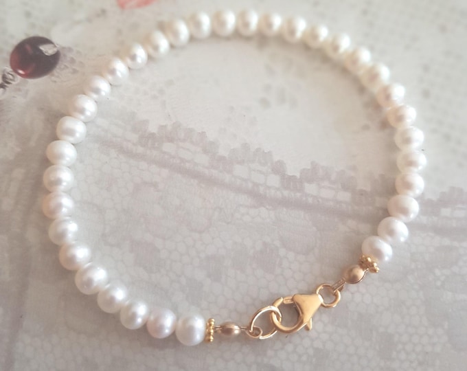 Small Freshwater Pearl Bracelet Sterling Silver or Gold Fill 5mm AA white pearl bridal Bracelet June Birthstone jewellery gift for her girl