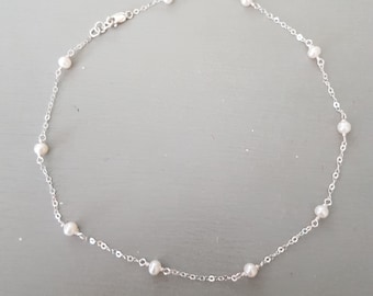 Sterling Silver Freshwater Pearl necklace choker 5mm small white real Freshwater pearl satellite necklace June Birthstone jewellery gift mum