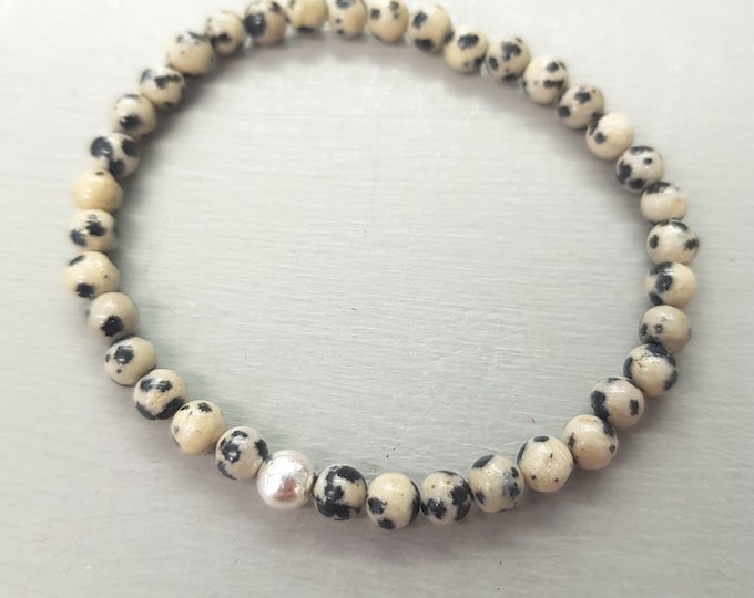 Dalmation Jasper stretch Bracelet Sterling Silver / Gold Fill tiny 4mm grey black gemstone bead Bracelet  Chakra jewellery gift for her him