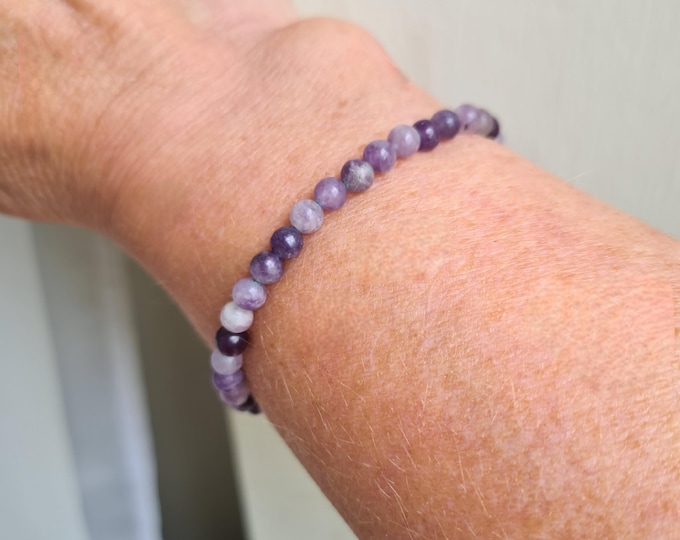 Purple Lepidolite stretch Bracelet with Sterling Silver or 14K Gold Fill bead - THIRD EYE Crown Chakra jewellery gift - Emotional Balance