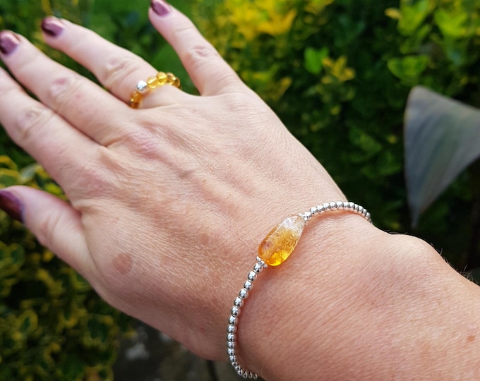 Sterling Silver Citrine stretch bracelet or Gold yellow raw gemstone bead bracelet real Citrine November birthstone jewellery gift her him