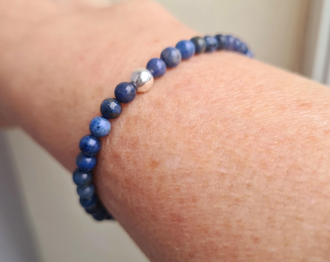 Blue Dumortierite stretch Bracelet Sterling Silver or 14K Gold Fill tiny 4mm blue gemstone bead bracelet - throat chakra calm jewellery gift
