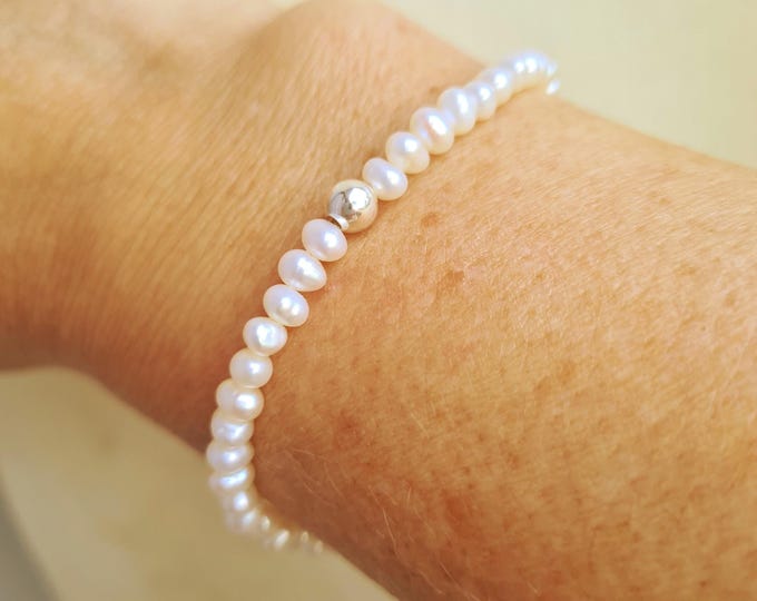 Tiny 3-4mm white Freshwater seed Pearl STRETCH Bracelet Sterling Silver or 14K Gold Fill - June Birthstone jewellery gift for her girl