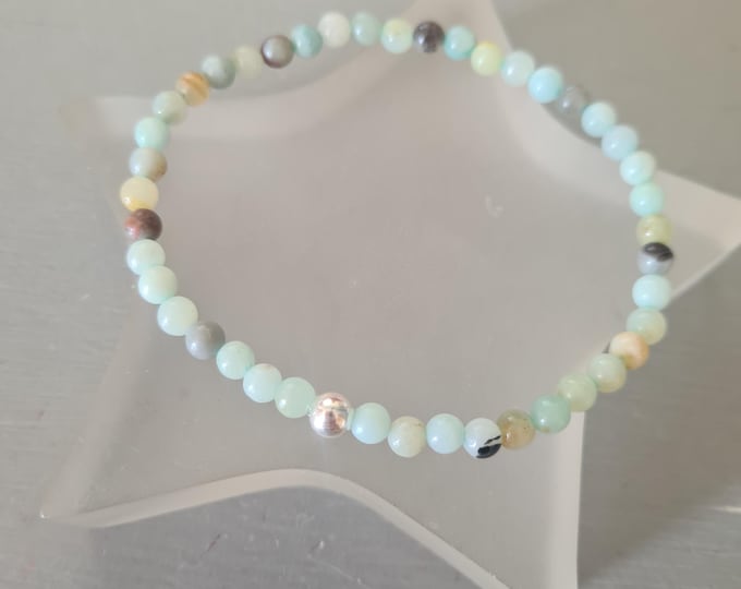 Tiny 4mm natural green Amazonite gemstone bead stretch Bracelet Sterling Silver or 14K Gold Fill - heart CHAKRA Healing Jewellery gift