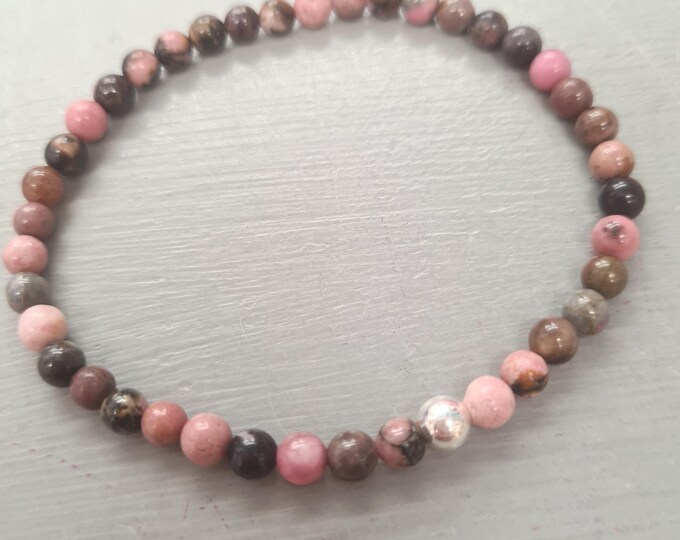 PINK RHODONITE stretch Bracelet Sterling Silver Gold Fill tiny 4mm small gemstone bead bracelet Stacking jewelry Heart chakra jewellery gift