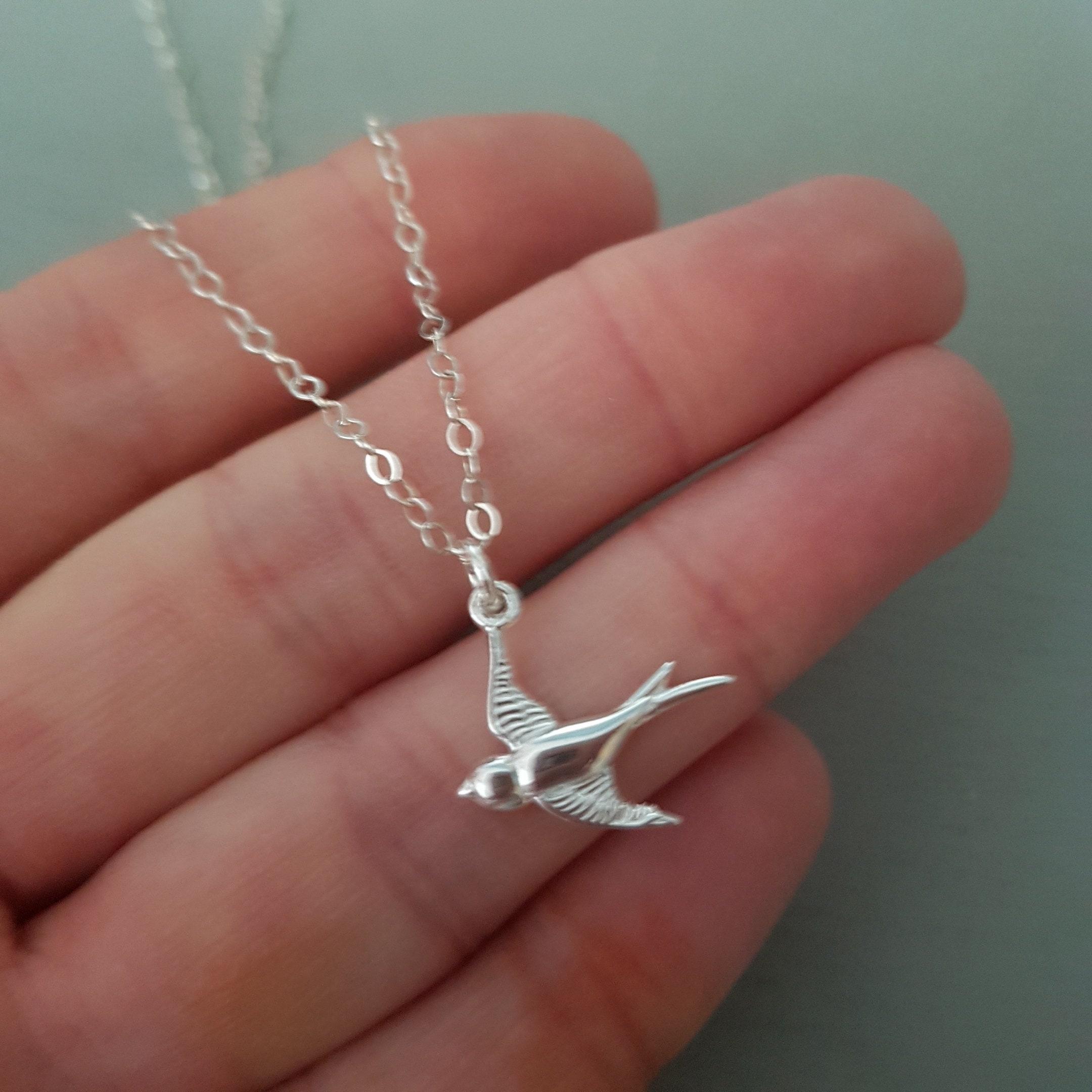 Sterling Silver bird necklace choker small swallow Silver bird
