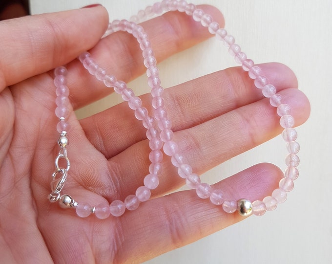 Tiny Rose Quartz choker necklace Sterling Silver / Gold pink gemstone bead necklace January Birthstone jewellery Chakra Healing crystal gift