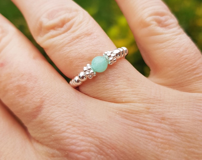 Aqua Green JADE Sterling Silver STRETCH Ring or Gold Fill tiny green gemstone bead Ring beaded stacking Boho Ring heart Chakra jewelry gift