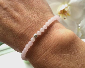 Tiny Rose Quartz STRETCH Bracelet with Sterling Silver or Gold Fill bead-  January Birthstone jewellery gift for her girl  Heart Chakra gift