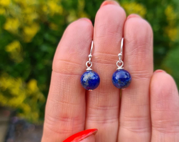 Natural 8mm Blue Lapis earrings Sterling Silver or 14K Gold Fill fastenings of your choice - September Birthstone jewellery gift