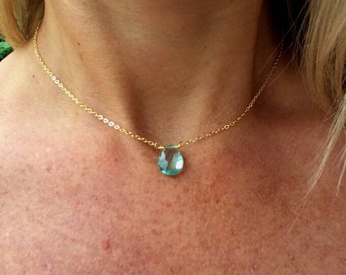 Aquamarine Quartz necklace pendant Gold Fill choker - March Birthstone jewellery gift for her women girls - Throat Chakra