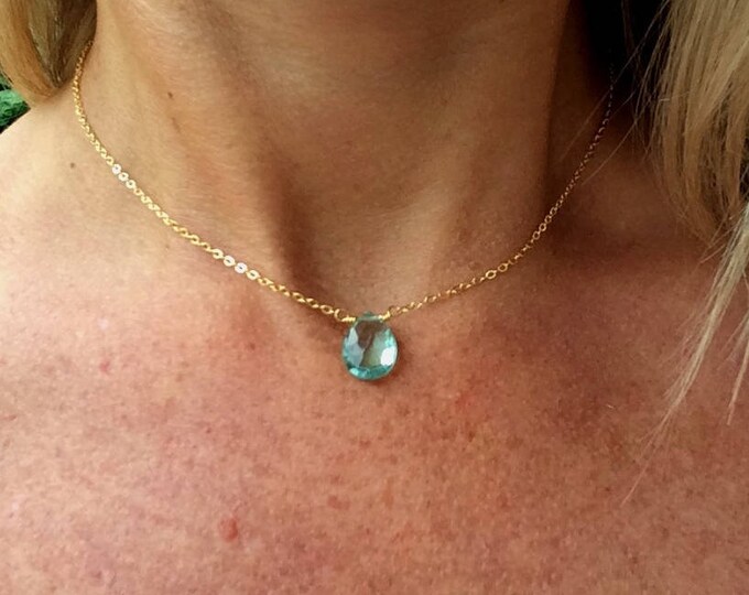 Aquamarine Quartz necklace pendant Gold Fill choker - March Birthstone jewellery gift for women girls  Throat Chakra