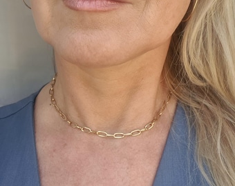 24K Gold Stainless Steel necklace choker large flat gold link paperclip chain Waterproof non tarnish Gold stacking necklace gift for her him