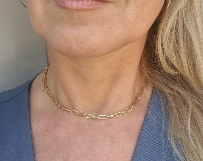 24K Gold Stainless Steel necklace choker large flat gold link paperclip chain Waterproof non tarnish Gold stacking necklace gift for her him