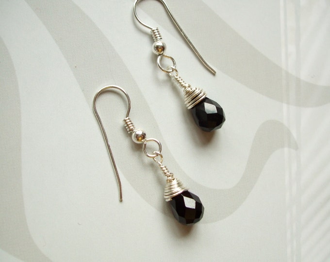 Black Onyx teardrop earrings Sterling Silver - wire wrapped - February Birthstone jewellery gift