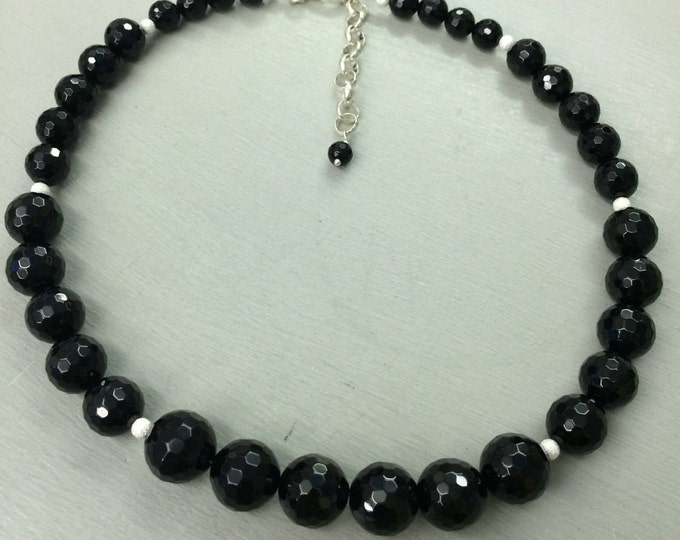 Black Onyx beaded necklace choker -  Sterling Silver - February Birthstone jewellery gift