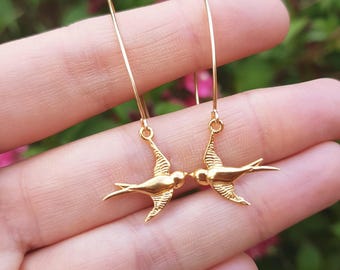 24K Gold Vermeil bird earrings long hooks small swallow bird earrings Handmade Gold Fill bird earrings dainty Gold bird jewellery gift mum