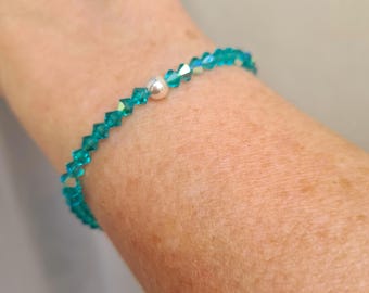 Green AB crystal stretch bracelet Sterling Silver or Gold Fill tiny 4mm teal green beaded bracelet Arthritis friendly jewellery gift