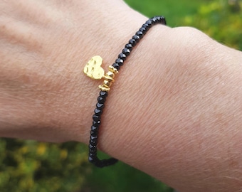 Tiny sparkly Black Spinel bracelet with Gold Vermeil or Sterling Silver hammered heart