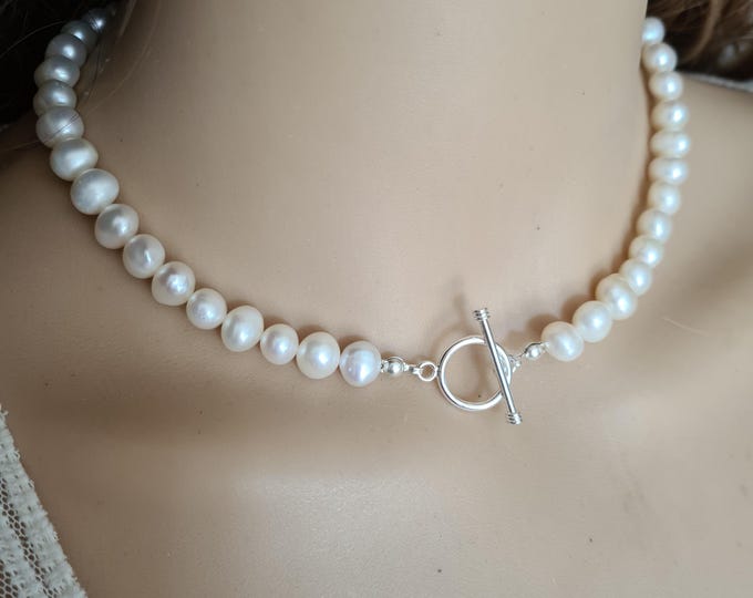 White Baroque Freshwater Pearl necklace Sterling Silver 7mm large real AA Baroque pearl necklace June Birthstone jewellery gift for mum her