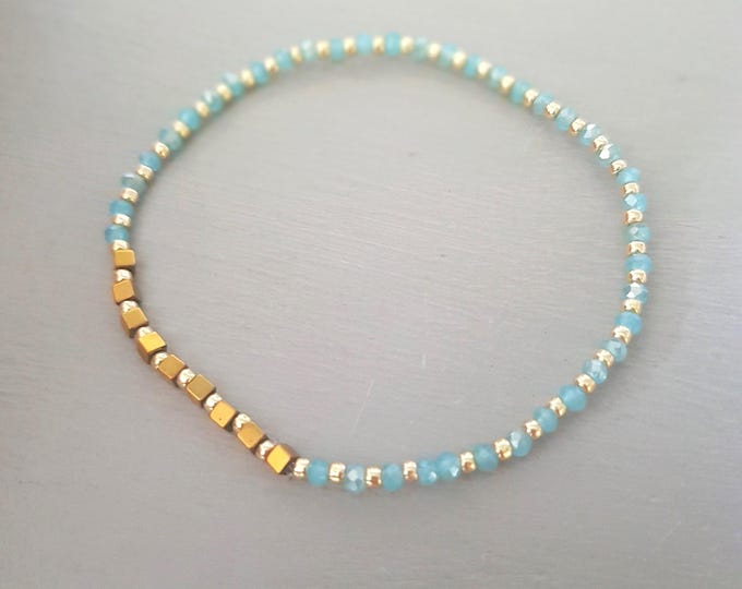 Tiny Blue Aquamarine crystal stretch bracelet with gold Hematite gemstone beads minimalist stacking March Birthstone Jewellery gift for her