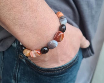 Men's bracelet AGATE and Smokey Quartz chunky orange grey brown gemstone bead bracelet BOHO bracelet   men's beaded jewellery gift for him