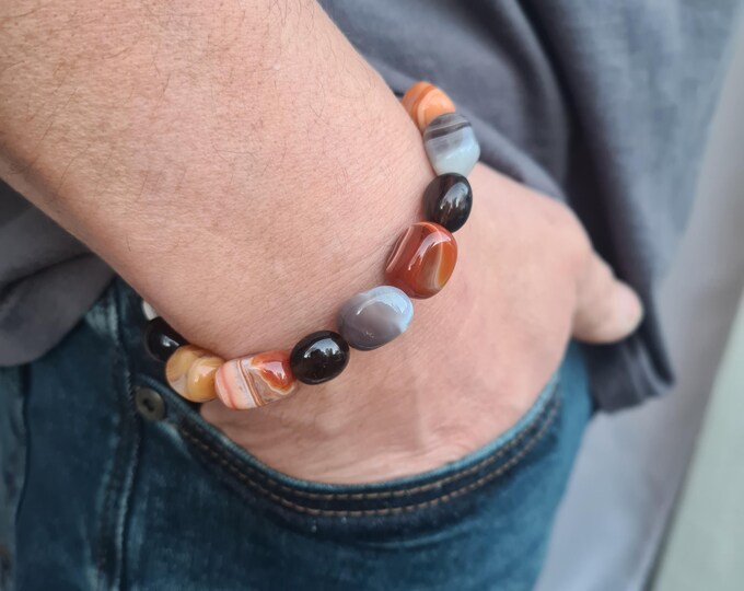 Men's bracelet AGATE and Smokey Quartz chunky orange grey brown gemstone bead bracelet BOHO bracelet   men's beaded jewellery gift for him