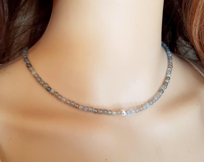 Tiny 4mm Labradorite grey gemstone bead necklace Sterling Silver or 14k Gold Fill - real flashy Labradorite Chakra jewellery gift