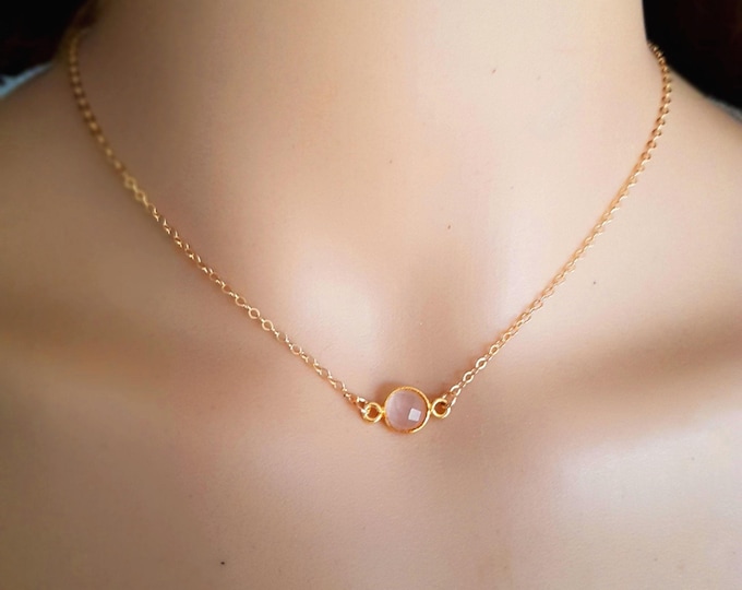 14K Gold Fill tiny Rose Quartz choker necklace small pink gemstone necklace layering necklace d - January Birthstone jewellery gift for her