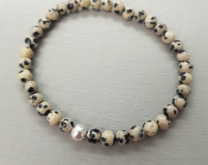 Dalmation Jasper stretch Bracelet Sterling Silver / Gold Fill tiny 4mm gray black gemstone bead Bracelet  Chakra jewellery gift for her him