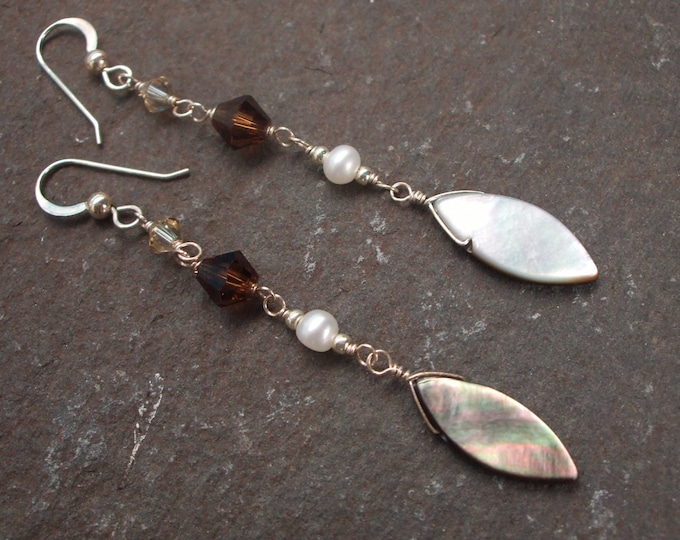 Long Mother of Pearl earrings with brown Swarovski crystals and Freshwater Pearls- Sterling Silver