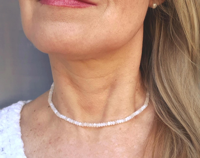 Tiny Moonstone choker Sterling Silver Gold Fill small 4mm real white faceted Moonstone gemstone bead necklace June Birthstone jewellery gift