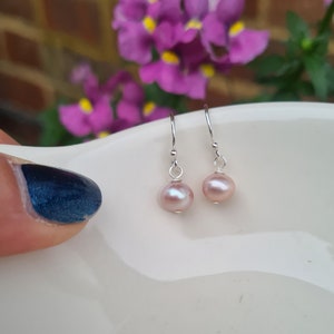 Tiny Pink Freshwater pearl drop earrings Sterling Silver or Gold Fill real lilac pink pearl earrings June birthstone jewellery gift for girl