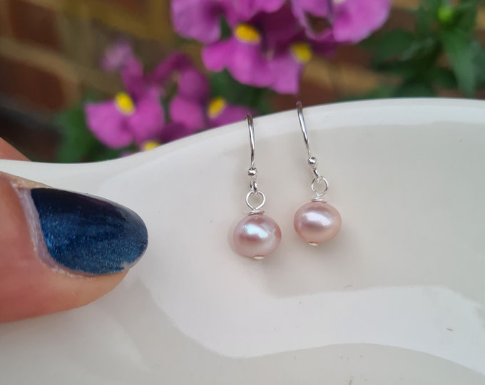 Tiny Pink Freshwater pearl drop earrings Sterling Silver or Gold Fill real lilac pink pearl earrings June birthstone jewellery gift for girl