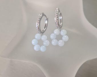 Real Aquamarine earrings on Silver CZ diamond huggies small blue gemstone bead earrings March Birthstone jewellery 19th anniversary gift
