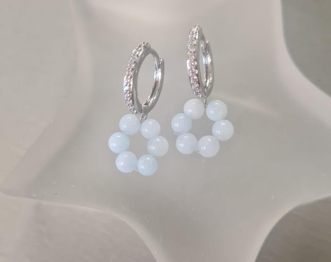 Real Aquamarine earrings on Silver CZ diamond huggies small blue gemstone bead earrings March Birthstone jewellery 19th anniversary gift