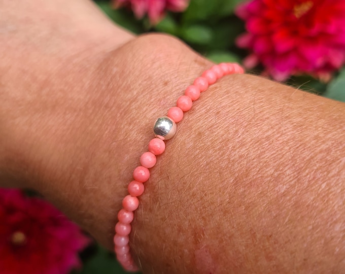Pink Coral stretch Bracelet Sterling Silver or Gold Fill tiny 3mm beaded Coral gemstone Bracelet salmon pink Coral jewellery gift