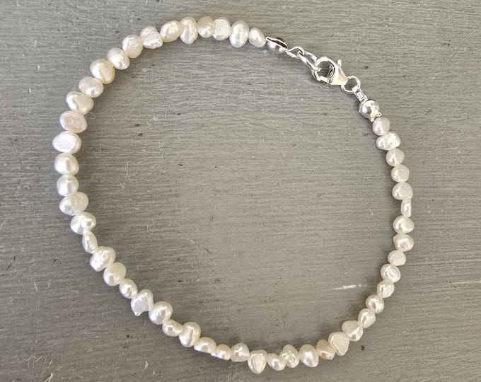 Tiny Freshwater Pearl Bracelet Sterling Silver Gold 3mm white Baroque seed pearl Bracelet real pearl bracelet bridal wedding jewellery gift