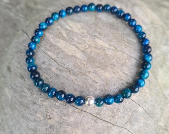 Blue TIGERS EYE stretch Bracelet with Sterling Silver or 14 Gold Fill or No metal accent bead - Solar Chakra jewellery Gift for her or him