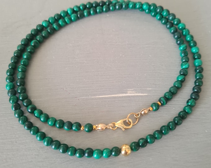 Tiny MALACHITE bead necklace choker in Sterling Silver or Gold Fill Malachite Heart Chakra jewellery gift for Protection