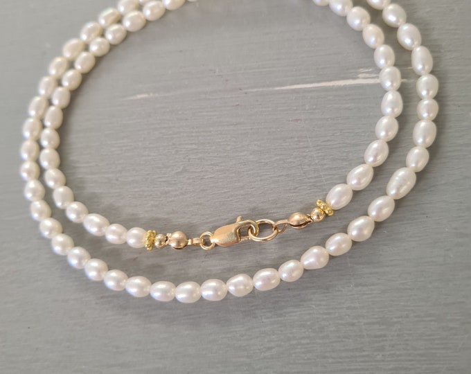 Small Freshwater rice Pearl necklace choker Sterling Silver or Gold Fill 4mm white real pearl necklace June Birthstone jewellery gift mum