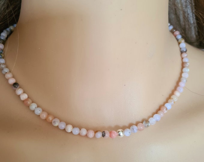 Pink Opal necklace choker Sterling Silver tiny pink Peruvian Opal gemstone bead necklace October Birthstone jewellery gift Healing crystal