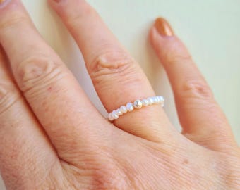 Tiny Freshwater Pearl stretch ring with Sterling Silver or Gold Fill accent bead - June Birthstone Jewellery gift for her girl